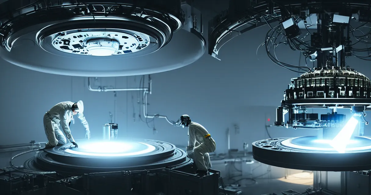 Image similar to engineer carefully repairs top secret flying saucer with ripped reactor, in the hightech laboratory full of different advanced metal equipments like holographic tomograph, quantum sensor resonator, laser atomic microscope, electronic machines and military scientific parts, very high details, volumetric fog, raytracing, back light, raymarching, by ilm, by digital domain, by weta digital