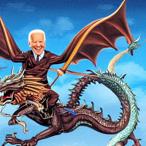 Image similar to Joe Biden riding a dragon, detailed