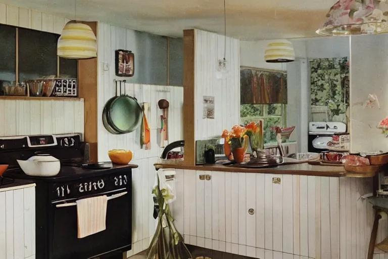 Prompt: a dimly lit retro 1970s kitchen with vintage decor