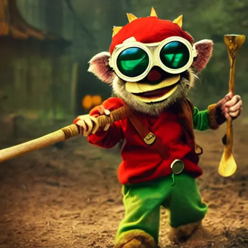 Image similar to still of Teemo from League of Legends in the style of Jim Henson, wearing goggles and wielding an axe