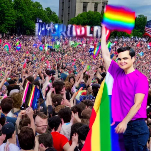 Image similar to i highly detailed photo of ben shapiro waving a rainbow flag in the middle of a crowd, realistic photo, high definition, high quality photo, detailed face, detailed body, full body