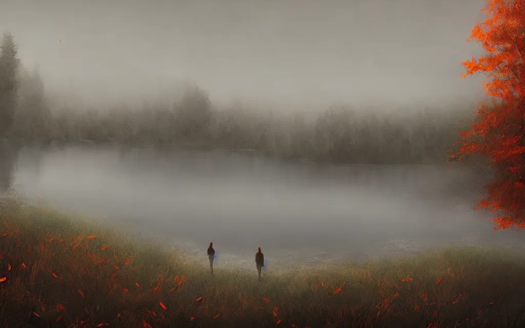 Prompt: a lake in the foreground, dramatic gray atmosphere, high quality, fog on the water, trees with orange dry leaves in the background, gray clouds digital realistic illustration artem demura