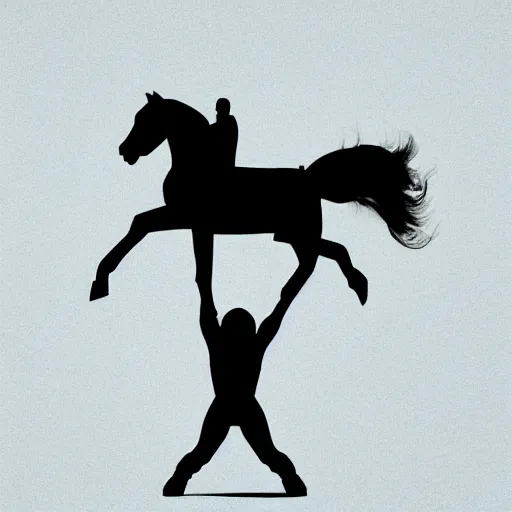 Prompt: an astronaut standing on the ground and a small trippy aggressive centaur standing on that poor human being standing on all fours astronaut raising his arms up, the horse is on his shoulders and grabbing them, minimalist style, 3 d render, isometry