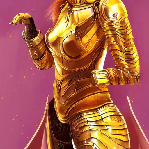 Prompt: a beautiful woman wearing gold armor, redhead, short hair, digital art, extremely detailed