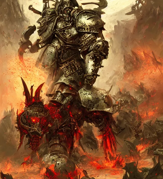 Image similar to battle scene portrait of armored heroes warhammer 4 0 k fight war fighting nurgle warrior, cesede, the chaos god of plague and decay, red chaos knight with cathedrals and columns, pestilence, champion, emperor, abbeys, elegant concept art by ruan jia