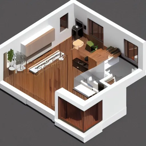 Prompt: isometric 3 d interior of a modern house, architectural concept, product design, soft shadows
