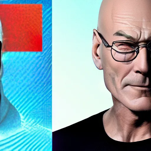 Image similar to a man who is a genetic combination of patrick stewart and jonathan frakes and levar burton and michael dorn and brent spiner, face and upper - body focus, detailed eyes