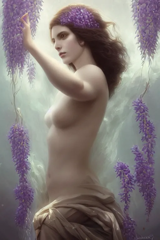 Prompt: a goddess of wisteria!! standing in a windy murky underwater garden! with a beautiful symmetrical face!!! cinematic lightning, murky dusty deep, smoky eyes, isolated, studio lighting by artgerm yuri shwedoff and tom bagshaw