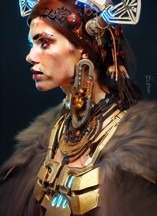 Image similar to portrait of cybertronic shaman beautiful girl, intrigante, bone headgear, headshot, highly detailed, digital painting, artstation, concept art, sharp focus, cinematic lighting, illustration, art by artgerm and greg rutkowski, alphonse mucha, cgsociety