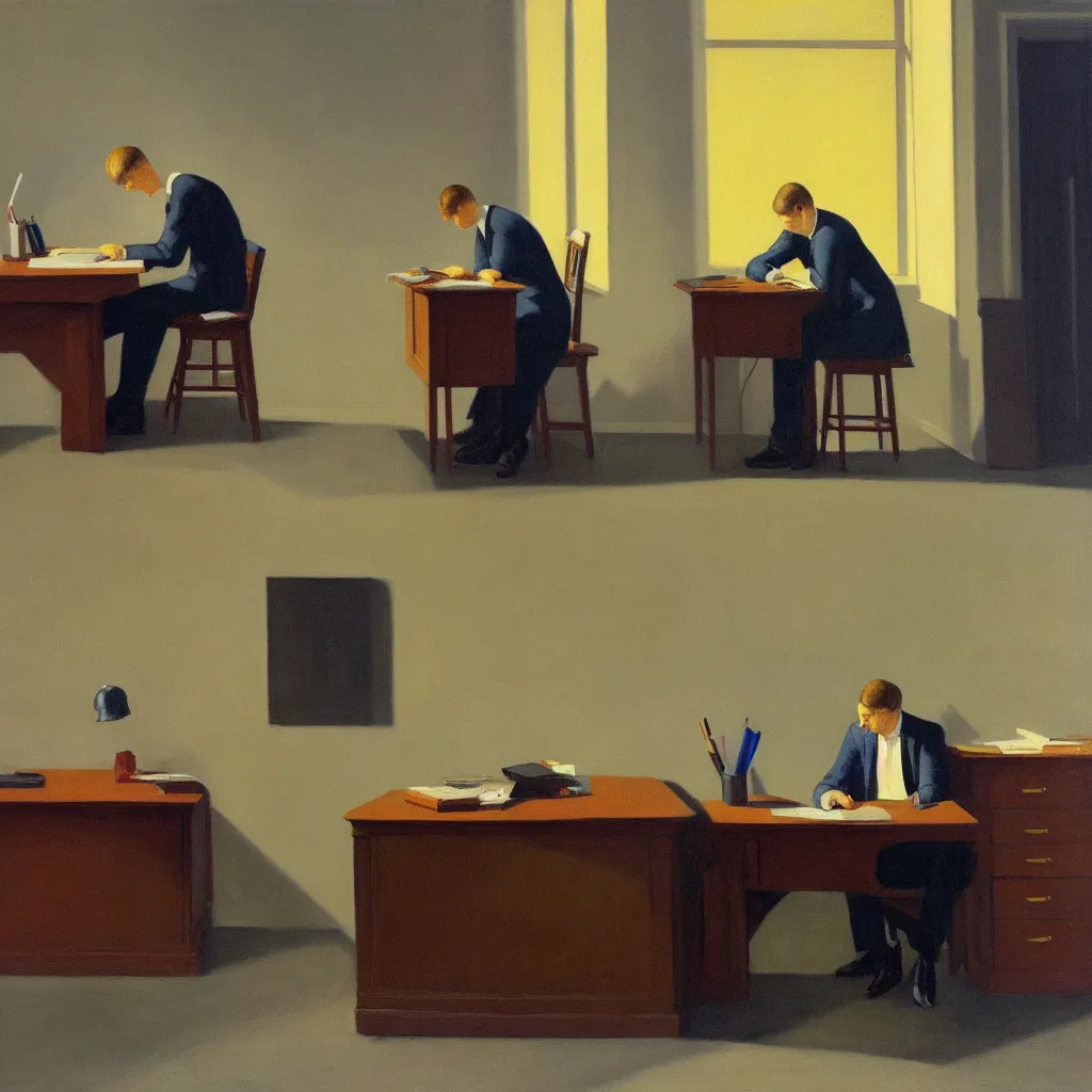 Image similar to painting of a man, sitting at his desk alone, in a huge office, in the style of edward hopper