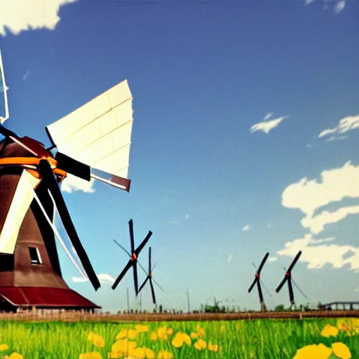 Prompt: gundam as dutch windmill in anime, gundam is windmill shaped, dutch windmill gundam