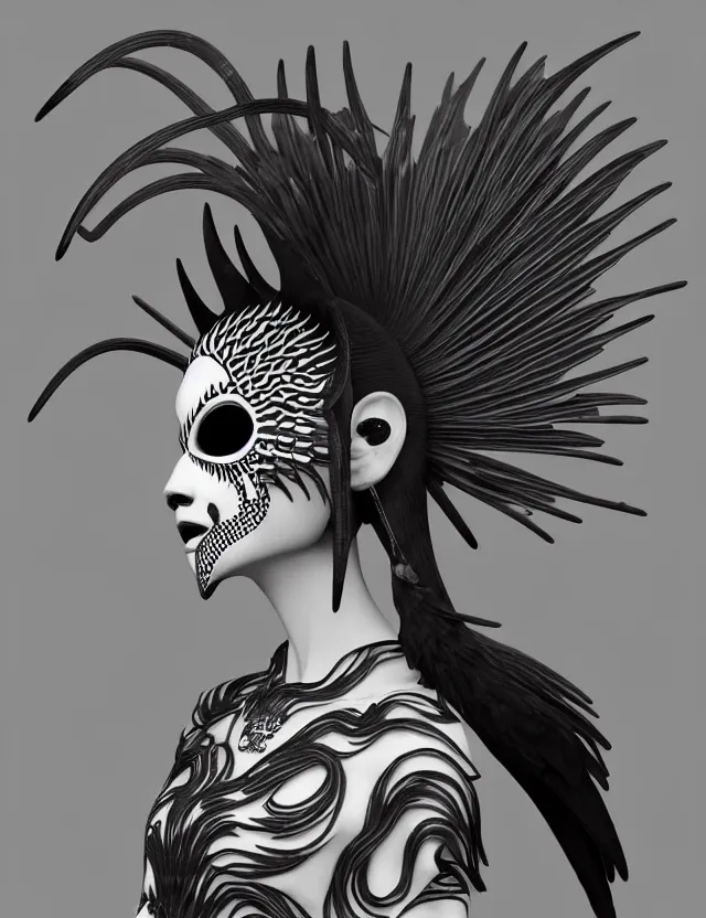 Image similar to 3 d goddess close - up profile simple portrait punk with mohawk with goat skull. beautiful intricately detailed japanese crow kitsune mask and clasical japanese kimono. betta fish, jellyfish phoenix, bio luminescent, plasma, ice, water, wind, creature, artwork by tooth wu and wlop and beeple and greg rutkowski