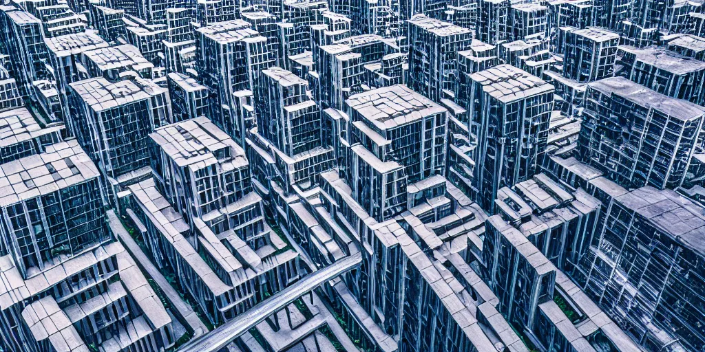 Image similar to drone view of a Brutalist architecture city with a large road through,sharp focus,telephoto lens,3D digital art 4k