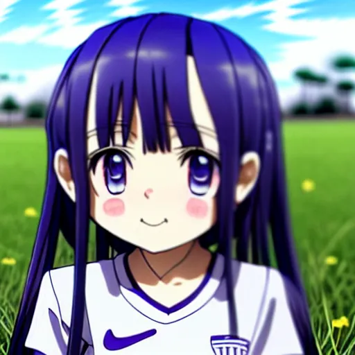 Prompt: A cute young real life 3D anime girl with long blueish indigo hair, wearing a white soccer uniform with shorts, soccer ball against her foot, sitting on one knee in a large grassy green field, shining golden hour, she has detailed black and purple anime eyes, extremely detailed cute anime girl face, she is happy, child like, kid, black anime pupils in her eyes, Haruhi Suzumiya, Umineko, Lucky Star, K-On, Kyoto Animation, she is smiling and happy, tons of details, sitting on one knee on the grass, chibi style, extremely cute, she is smiling and excited, her tiny hands are on her thighs, she has a cute expressive face