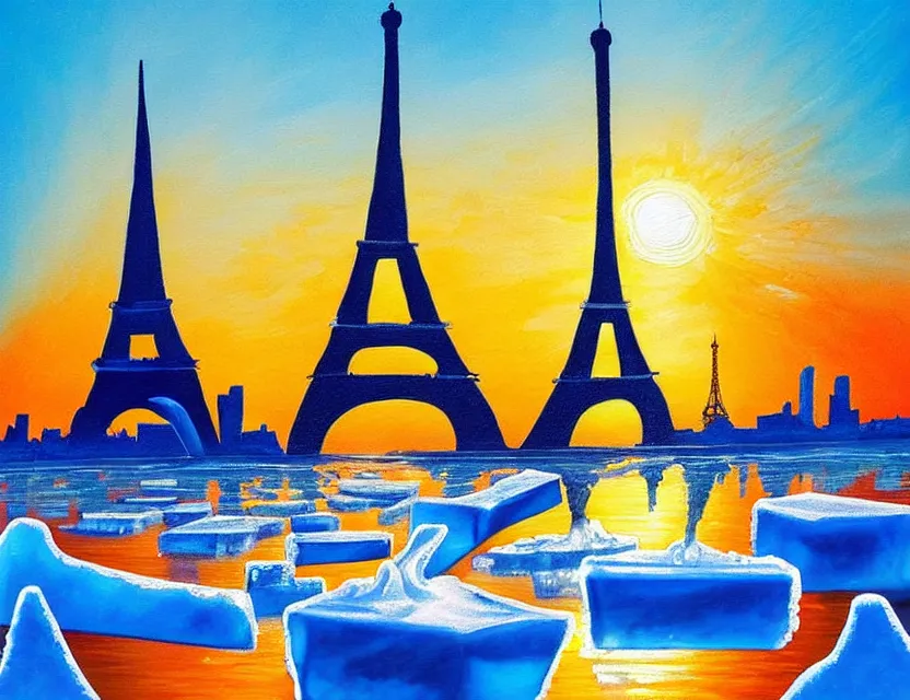 Image similar to a painting of a ice sculture like the eiffel tower in paris with melting ice on the skyline of paris on a very sunny bright summer sunset day, very hot and the ice is melting fast and people are swimming in the icecream in the style of james jean