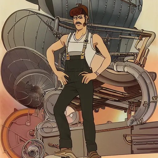 Image similar to burt reynolds as an airship mechanic wearing a tank top and overalls fixing pipes below deck, steampunk, realistic facial features, highly detailed, illustration, Makoto Shinkai and Studio Ghibli animated film still, by Ilya Kuvshinov and Alphonse Mucha