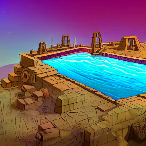 Image similar to a pool and ancient egyptian structure, epic retrowave art, trending on art station