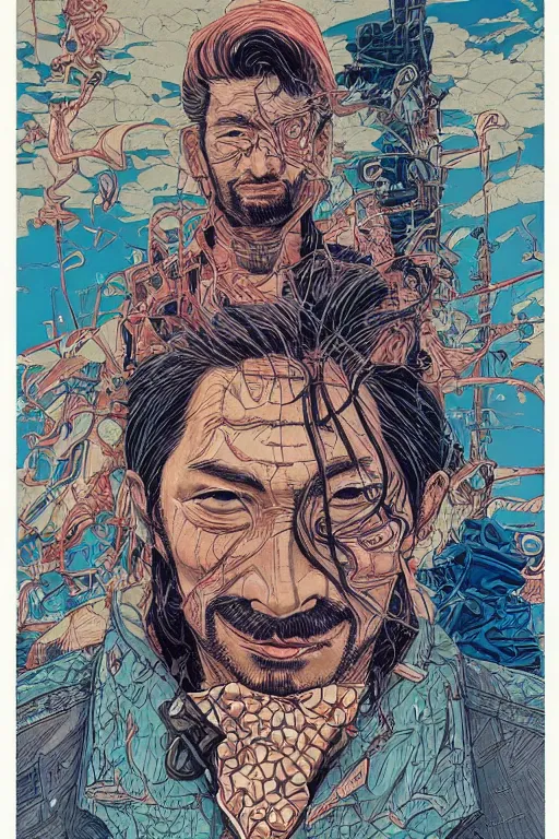 Image similar to 1 9 8 9 portrait of hiroyuki sanada in a leather jacket. highly detailed masterpiece art by josan gonzalez.