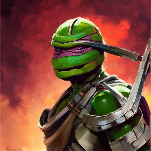 Image similar to greg manchess portrait painting of armored donatello of tmnt as overwatch character, medium shot, asymmetrical, profile picture, organic painting, sunny day, matte painting, bold shapes, hard edges, street art, trending on artstation, by huang guangjian and gil elvgren and sachin teng