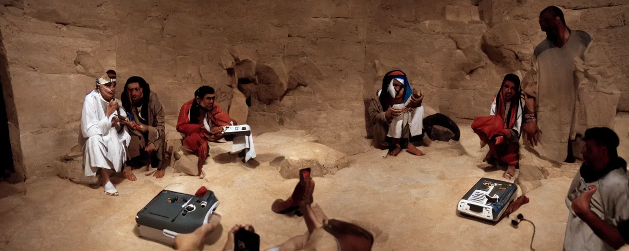 Image similar to ancient egyptians discover a nintendo 6 4 inside a pyramid, national geographic, canon 5 0 mm, cinematic lighting, photography, retro, film, kodachrome
