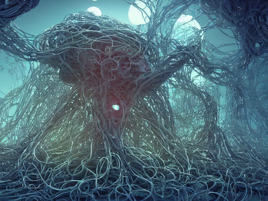 Image similar to a centered render of an goddess entangled in an alien bio - organic landscape adorned with thick cables and synthesizer parts is surrounded by sacred geometry, fat bio - mech tree roots, powerful, cinematic, beautifully lit, by beeple, by h. r. giger, 3 d, trending on artstation, octane render, 8 k