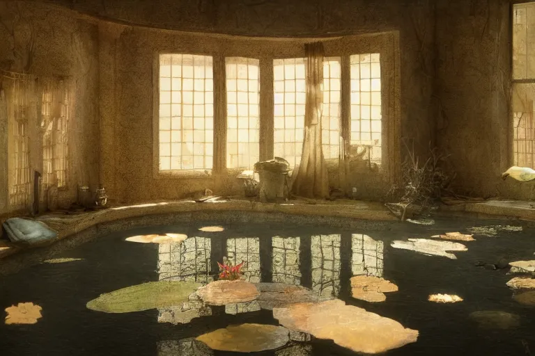 Image similar to the interior of an old abandoned house, a small pond with koi fish in the center of the house. golden rays of sunlight enter through the window., digital art, trending on artstation, matte painting, concept art, drawn by greg rutkowski, inspired by johannes vermeer, cold colors