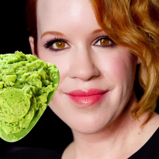 Image similar to molly ringwald face on a pile of guacamole