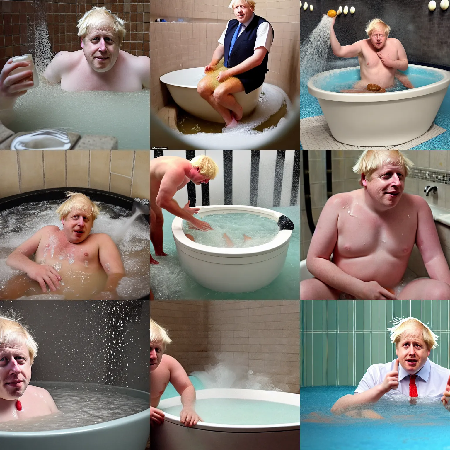 Prompt: Boris Johnson bathing in a bath filled with baked beans