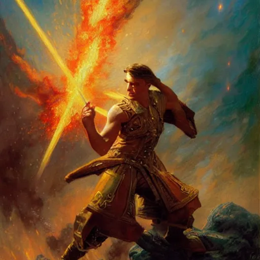 Prompt: stunning male master wizard destroying a war ship by his fire spell, highly detailed painting by gaston bussiere, craig mullins, j. c. leyendecker, 8 k