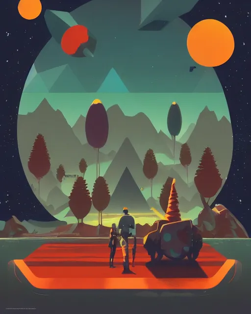 Image similar to no mans sky, dark 2D matte gouache illustration, poster, style of wes anderson