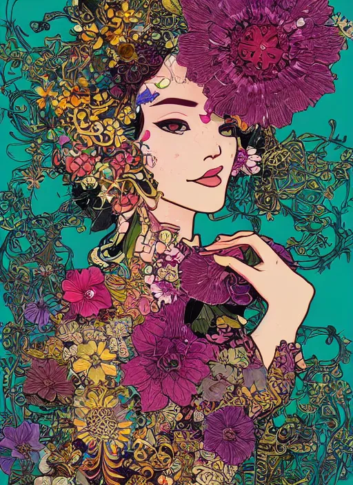 Image similar to !!! very coherent!!! vector art, beautiful floralpunk balinese cyborg portrait girl female illustration detailed patterns art of bali traditional dress, flower pop art, floral splash painting, art by geof darrow, ashley wood, alphonse mucha, makoto shinkai, dark shadow