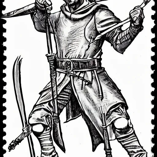 Image similar to Robin Hood character stamp in medieval style by frank godwin and moebius, ink outline, charcoal on paper, exlibris, rubber stamp