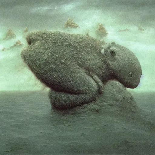 Image similar to sea koala beksinski, eldritch, apocalypse, creepy creature, horror spooky