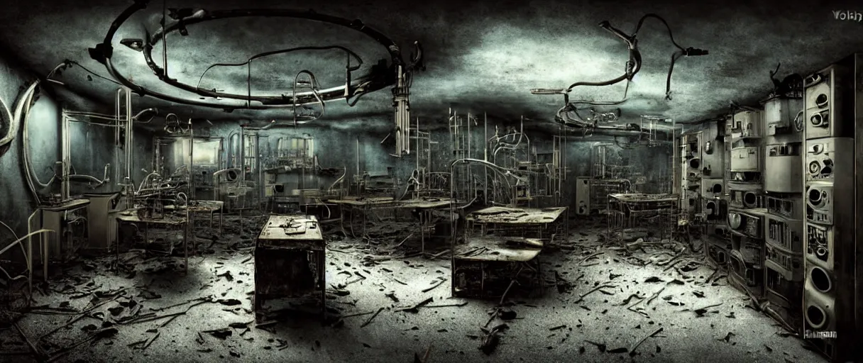 Prompt: abandoned laboratory from 1 9 3 0 s - early xx century - vintage vacuum tube computers - metal pipes - obsolete technology - high resolution - sharp focus 4 k - dark atmosphere - high contrast - retro futuristic - biomechanic mutation - volumentric lighting - cinematic atmosphere - concept art by hans giger, ruan jia, steve mccurry