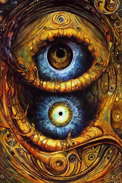 Image similar to The Interdimensional Eye by Karol Bak, Jean Deville, Gustav Klimt, and Vincent Van Gogh, mystic eye, otherworldly, catseye, alien eyes, vortex of monster eyes, fractal structures, arcane, inferno, inscribed runes, infernal relics, ornate gilded medieval icon, third eye, spirals