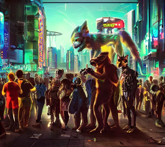 Image similar to high - resolution photograph from a cyberpunk era furry fandom convention ( midwest furfest 2 0 4 7 ), taking place after the genetic revolution and quantum singularity. photorealistic.