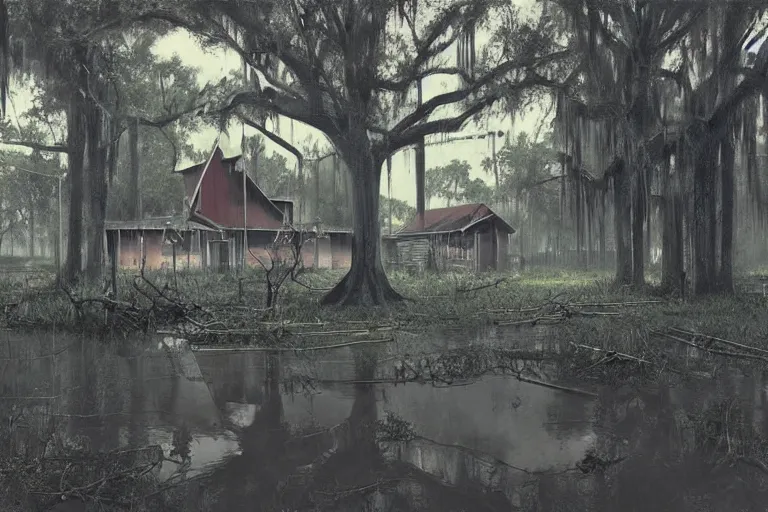 Image similar to scene from louisiana swamps, old protestant church with neon satanic pentagram, junkyard by the road, boy scout troop, voodoo artwork by tim eitel