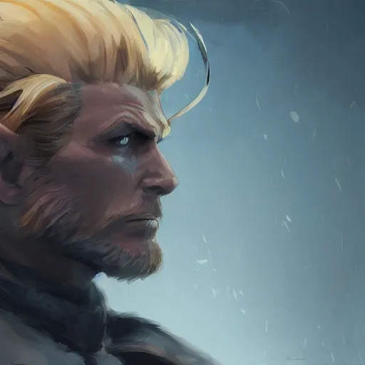 Image similar to portrait of a muscular, grim, ponytail haired blonde man in his late 30's, wearing a thick brown leather coat, looking to his side, hunter, DnD character, fantasy character, digital art by Ruan Jia, Krenz Cushart, Rossdraws and Boris Vallejo