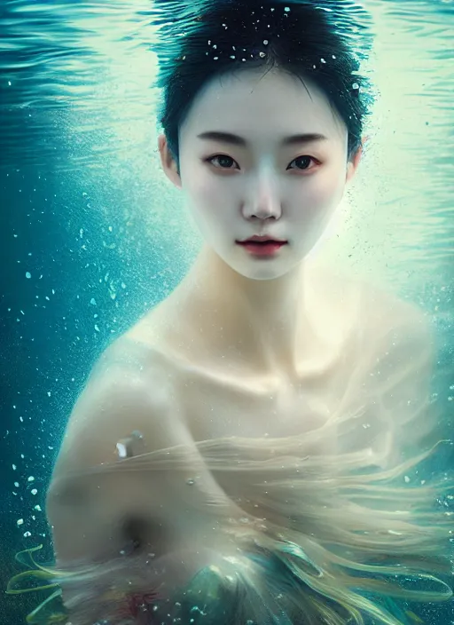 Image similar to an underwater photographic beauty portrait of jingna zhang, cinematic, volumetric lighting, fantasy, intricate, elegant, highly detailed, digital painting, artstation, concept art, smooth, sharp focus, illustration, art by ayami kojima, artgerm and h r giger and alphonse mucha