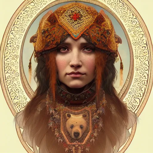 Prompt: a portrait of a female bear hybrid, upper half portrait, decorated with russian motifs, russian shaman, siberia, traditional russia, intricate, elegant, highly detailed, symmetry, headpiece, digital painting, artstation concept art smooth sharp focus, illustration, art by artgerm and greg rutkowski alphonse mucha 8 k