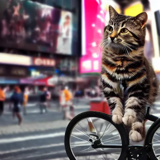 Image similar to a photorealistic, 4 k, photoshoot of a cat riding a bicycle though times square