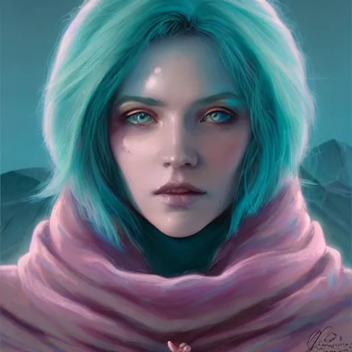 Image similar to teal haired mage bust portrait, female, glacier landscape, norway, d & d, fantasy, intricate, elegant, highly detailed, digital painting, pink and teal color palette, artstation, octane render, concept art, matte, sharp focus, illustration, herrarthstone, art by artgerm and greg rutkowski and alphonse mucha