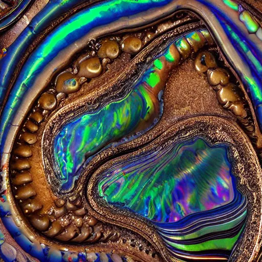 Image similar to Art Nouveau cresting oil slick waves, hyperdetailed bubbles in a shiny iridescent oil slick wave, ammolite, detailed giant opalized ammonite shell, black opal, abalone, paua shell, ornate copper patina medieval ornament, rococo, oganic rippling spirals, octane render, 8k 3D