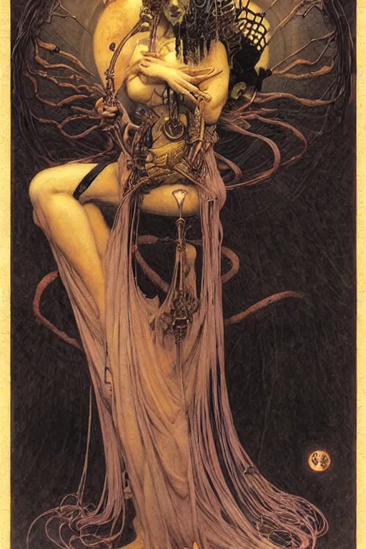 Prompt: geisha alchemist by wayne barlowe, gustav moreau, goward,  Gaston Bussiere and roberto ferri, santiago caruso, and austin osman spare, ((((occult art))))