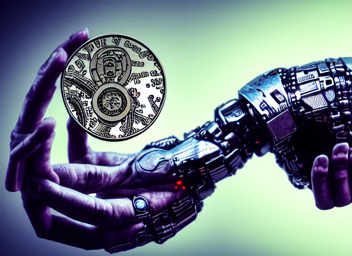 Image similar to mechanical cybernetic hand holding a coin that's worth 1 human soul in hell. centered. horror cyberpunk dystopia style. highly detailed 8 k. intricate. nikon d 8 5 0 3 0 0 mm. award winning photography.