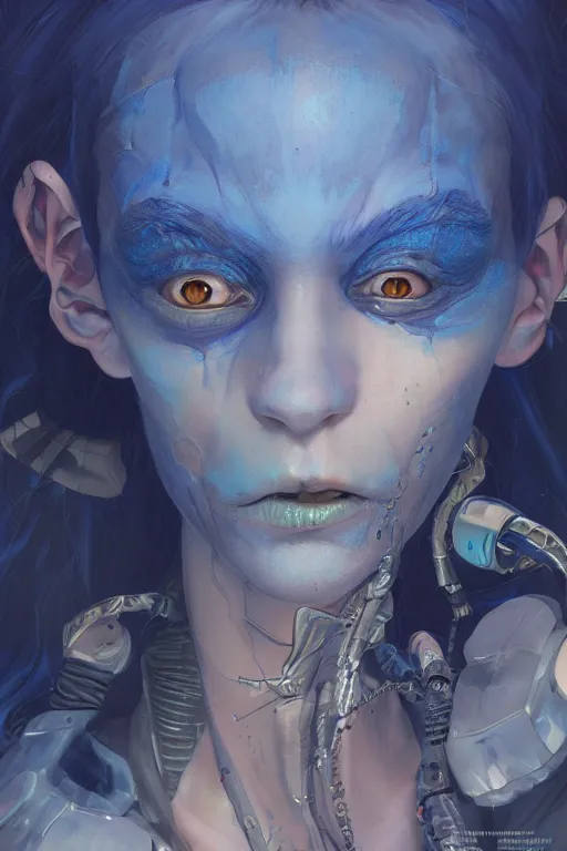 Image similar to portrait of beautiful young blue goblin, cyberpunk, Warhammer, highly detailed, artstation, illustration, art by Gustav Klimt and Range Murata and Ilya Kuvshinov and Sakimichan