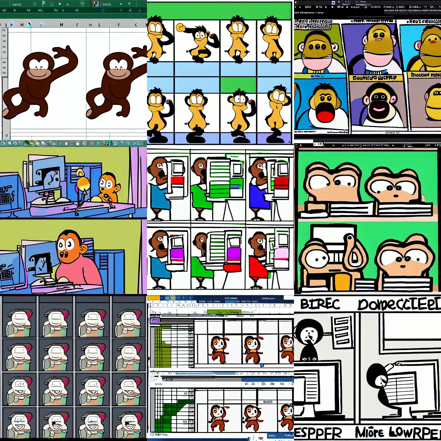 Prompt: monkey types at a desktop computer Microsoft excel, cartoon, low color