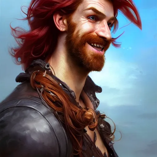 Image similar to portrait of a young ruggedly handsome but joyful pirate, male, masculine, upper body, red crimson hair, long hair, fantasy, giddy smirk, intricate, elegant, highly detailed, digital painting, artstation, concept art, matte, sharp focus, illustration, art by artgerm and greg rutkowski and alphonse mucha