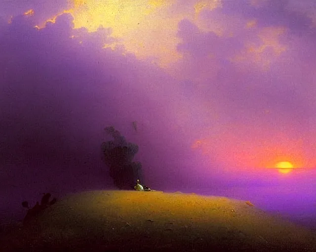 Prompt: clouds that look like mountains, figure with a guitar behind mist, sunrise, purple and blues, art by Ivan Aivazovsky