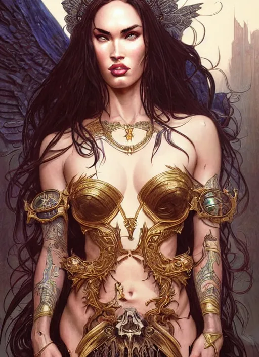 Image similar to megan fox as the goddess of chaos!! intricate elegant, highly detailed, digital painting, artstation, concept art, smooth, sharp focus, illustration, art by ( ( ( artgerm ) ) ) and greg rutkowski! and ( ( alphonse mucha ) )